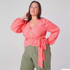 New Lane Bryant Classic Crop Sheer Full-Wrap Coral Long Sleeve Top Size 26